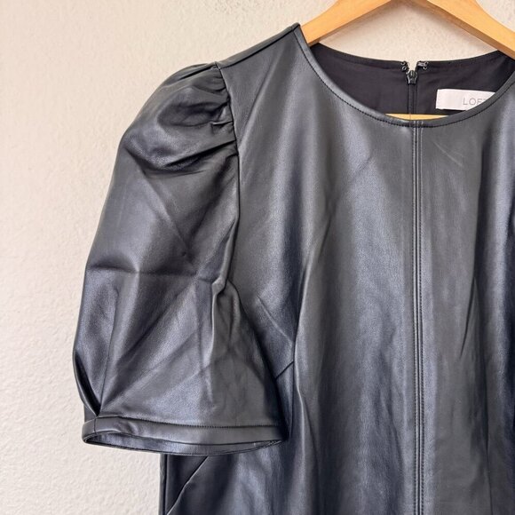 Loft Faux Leather Ruched Sleeve Shift Dress Size Medium Regular Black - Picture 3 of 5